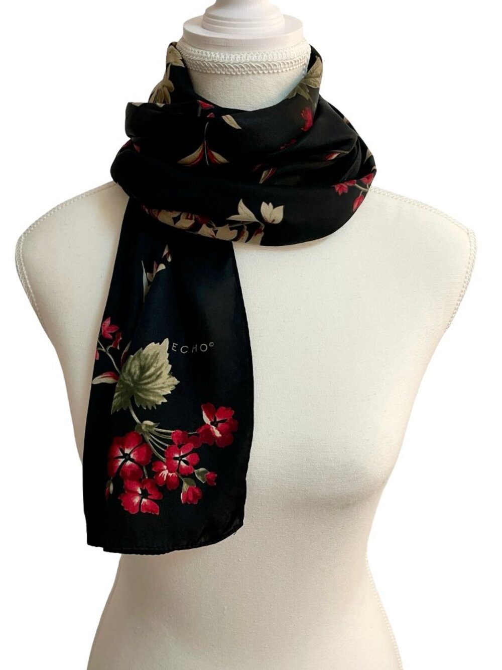 Echo Floral Silk Scarf Black Red Cream Botanical Print Long Oblong